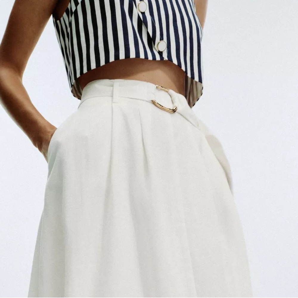 NWT Zara | Belted Linen Dress Waist Cut-out Navy Ivory Nautical coastal vibe - Picture 11 of 16